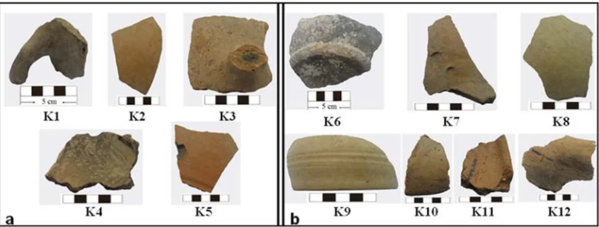 Fig. 2. Representative images of the potsherds belonging to (a) the second half of the 2nd millennium BCE-beginning of the 1st millennium BCE, (b) the Late Chalcolithic-Early Bronze Age I.