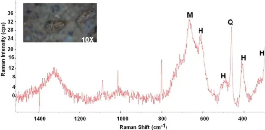 Fig. 6. Raman spectrum of iron oxides identiﬁed in the representative sample of K2 using 10× magniﬁcation