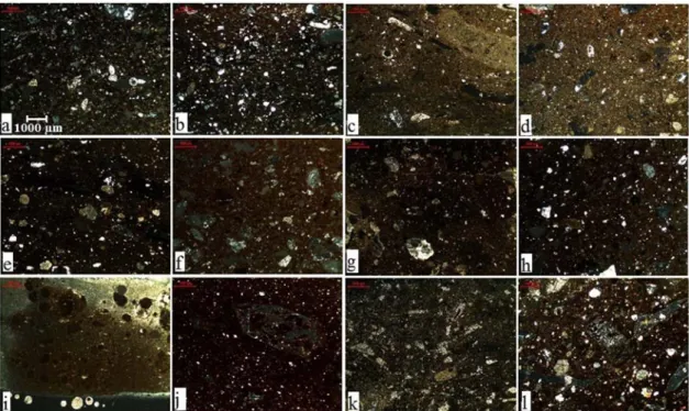 Fig. 7. Microphotograph of the sample of (a) K1, (b) K2, (c) K3, (d) K4, (e) K5, (f) K6, (g) K7, (h) K8, (i) K9, (j) K10, (k) K11 and (l) K12