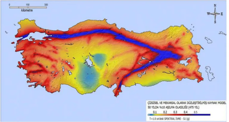 ġekil 18. Çizgisel ve mekansal düzleĢtirilmiĢ sismik  kaynak model, SA (T=1.0sn), 475 yıllık geri dönüĢ  süresi 