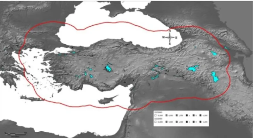 ġekil 1. Deprem kaynakları modellemesinde kullanılan Türkiye sınırlarınından itibaren 200 km’yi kapsayan  çalıĢma alanı 
