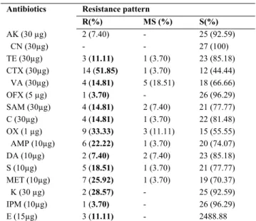 TABLE 2 - Antibiotic resistance profiles of isolated bacteria  Antibiotics Resistance  pattern 