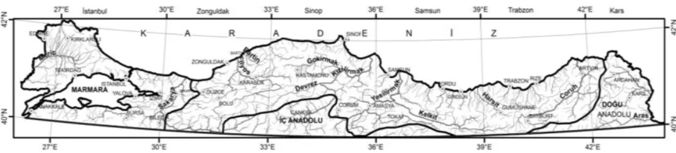 Şekil 1. Çalışma alanı içindeki ana yerleşim birimleri, coğrafi bölge sınırları ve drenaj ağı sistemi