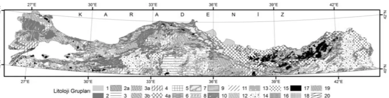 Şekil 3. Çalışma alanın basitleştirilmiş litoloji grupları haritası. (Duman vd.2005b, 2006a, 2007a-c,  2009)