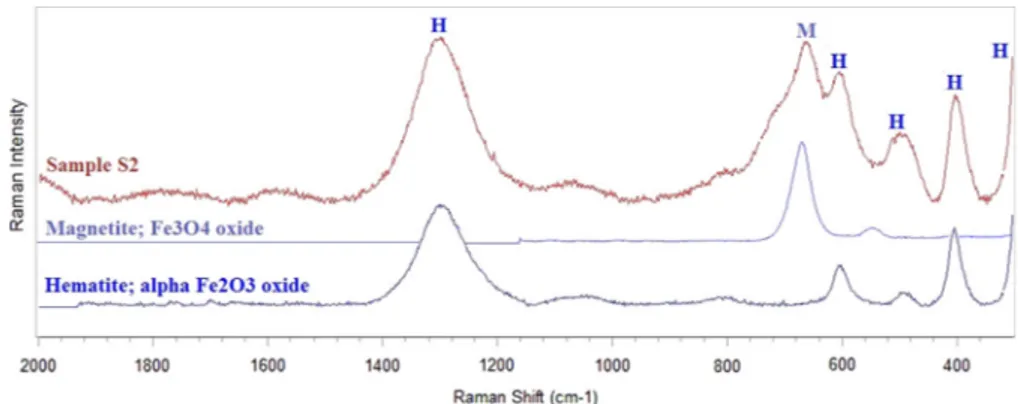 Fig. 5. Representative Raman spectrum of the sample of S2 (H: Hematite, M: Magnetite).