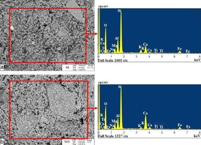 Fig. 9. Representative BSE images and EDS spectra of the samples of (a) S2 and (b) S13.