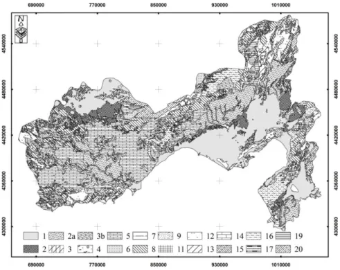 Şekil 2. Çalışma alanın basitleştirilmiş litoloji grupları haritası. (Duman vd. 2009a-e)