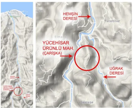 Şekil 3: Yücehisar Köyü Konumu (41°06'34&#34;Kuzey, 40°54'15&#34;Doğu)  bulunmasıdır.  İncelenen  konut  örneklerde  ahşap  karkas  tekniği  kullanımı  yaygın  olarak  görülmüştür  fakat  karkas  tekniği  ile  beraber  yığma  tekniğinin  de  kullanıldığı k