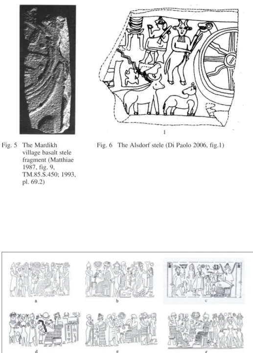 Fig. 7  Kültepe-Kanesh Karum level II, Old Syrian Colony style seal impressions ‘the ruler  with the picked cap’ (a–e); ‘the deity with the picked cap’ (f) (Özgüç - Özgüç 1953,  figs