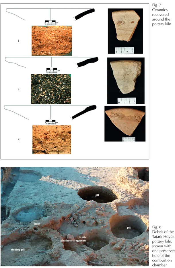 Fig. 7  Ceramics  recovered  around the  pottery kiln Fig. 8  Debris of the  Tatarlı Höyük  pottery kiln,  shown with  one preserved  hole of the  combustion  chamber123