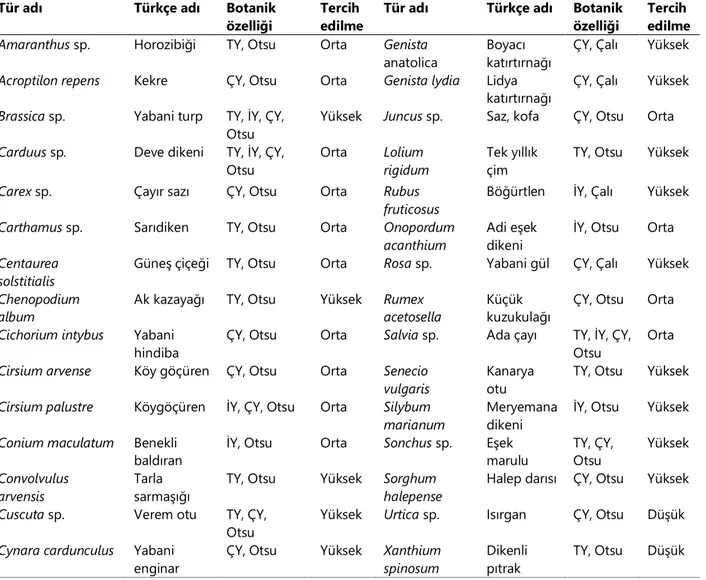 Çizelge 2. Keçiler tarafından kontrol edilebilen bazı mera yabancı otlarının özellikleri