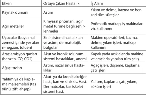 Tablo 1 - Kimyasal tehlikelerden kaynaklanan meslek hastalıkları ve iş alanları 