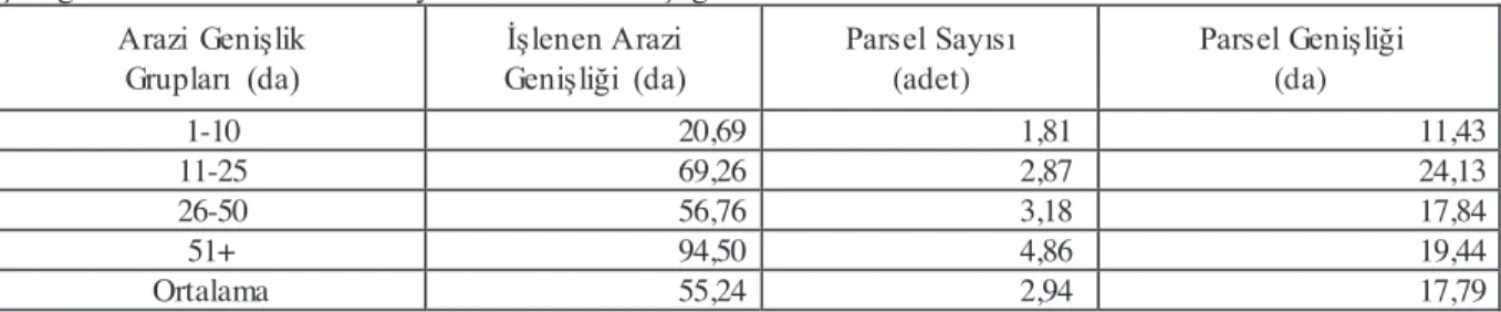 Çizelge  3.3.  Ortalama  Parsel Sayısı ve Parsel Genişliği Arazi  Genişlik