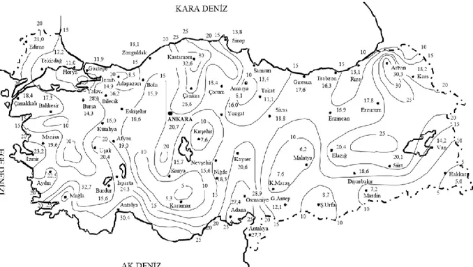 Şekil 1. Türkiye’deki yıllık ortalama yıldırımlı fırtınalı gün sayısı haritası.  