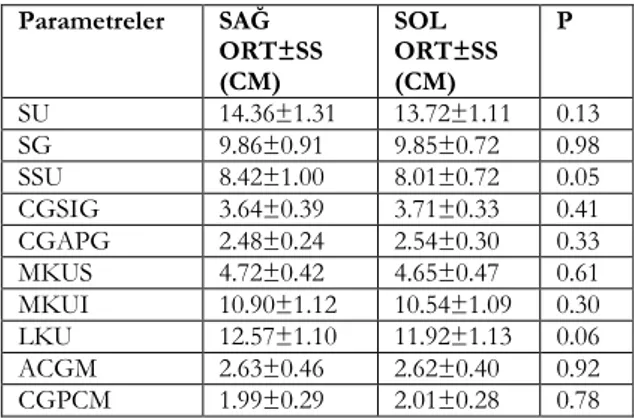 Tablo 2. Scapula’ya ait morfometrik ölçümlerin sağ  ve sol taraf ortalamaları 