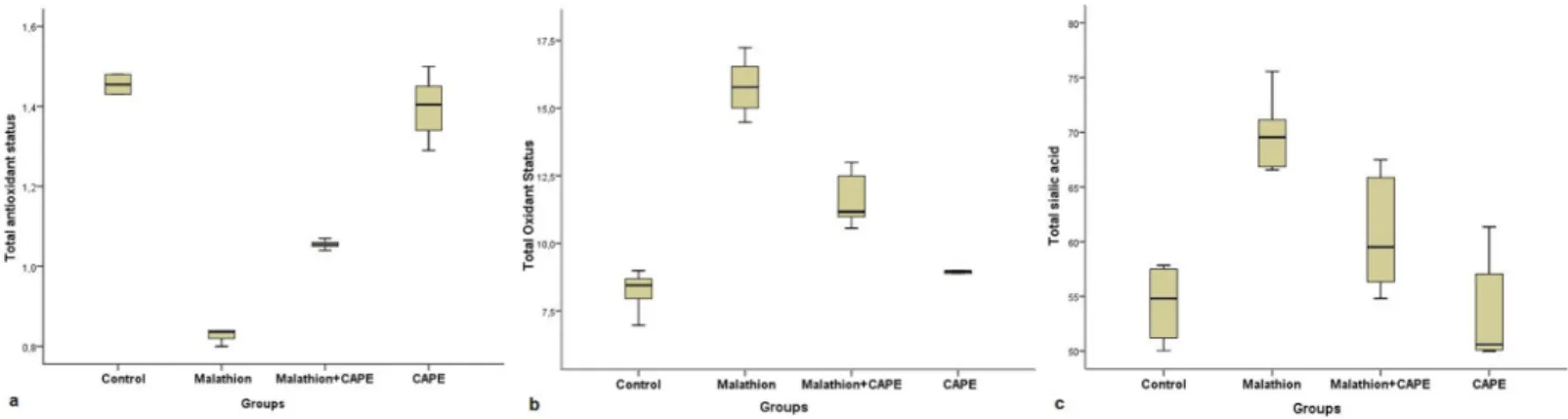 Figure 2. Box plot display of CAPE on TAS, TOS and TSA values in rats treated with subacute malathion 