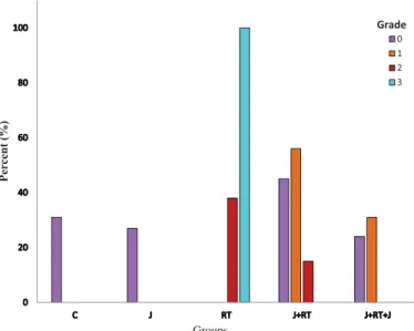 Figure 3. Intraepithelial lymphoid infiltration by group. C: control; J: jervine; RT: radiotherapy; J þ RT: J before RT; J þ RT þ J: J before and after RT group.