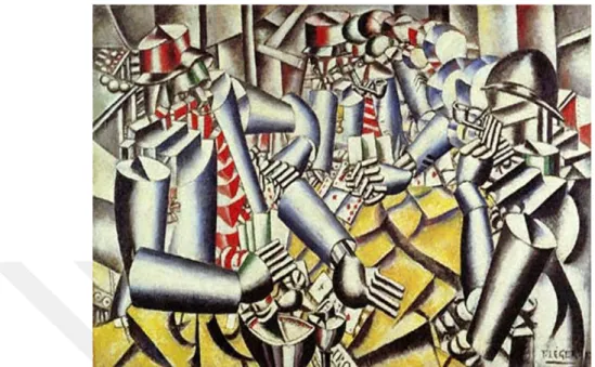 Şekil 2.14.: Fernand Leger, ''Kâğıt Oyuncuları'', 1917, 129,5x194,5 cm.  Batının yayılmacı ve milliyetçi tavrının insanlığa zarar verdiği dönemde, toplumda bir  manevi değişim gerçekleşmiş ve bu değişimin ana öğesi makine olmuştur