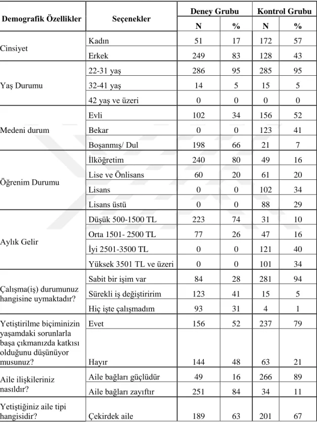 Çizelge 3.1: Demografik Özellikler Frekans Değerleri (Deney Grubu ve Kontrol 