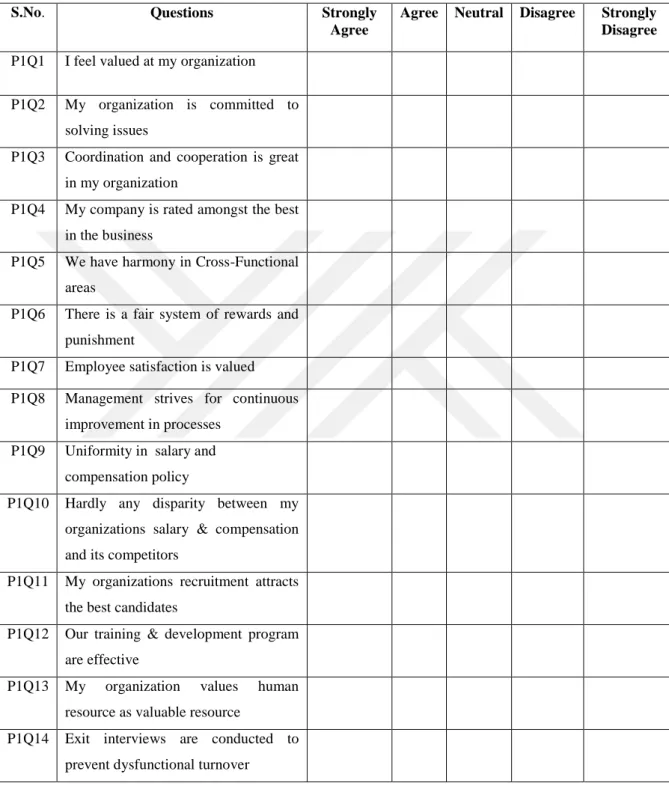 Table 3.3  Questionnaire Part I:  Organization Effectiveness  S.No.  Questions  Strongly 