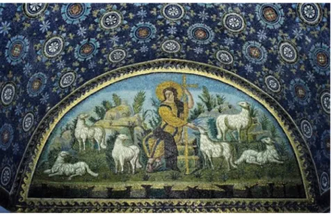 Şekil 2.17: Hz.İsa’yı temsil eden bir iyi çoban mozaiği.  Kaynak: (Milosevic, 2015) 