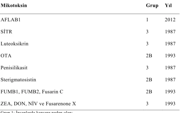 Çizelge 2.8: Kanserojenik potansiyeline göre sınıflandırılan bazı mikotoksinler  