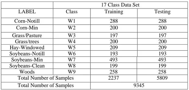 Tablo 4.2'de ise eğitim ve test örnekleri 9 sınıflı veri seti için tablolanmıştır. 