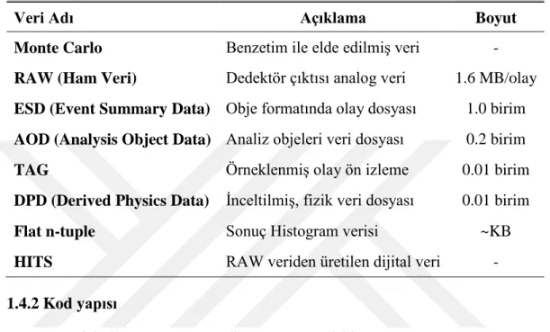 Çizelge  1.1’de  CERN  tarafından  üretilen  çarpışma  testlerine  ait  verilerin,  ham  ve  dönüştürülen  veri  yapıları  ile  ilgili  veri  yapılarının  açıklamaları  ve  ortalama  veri  boyutları listelenmiştir 