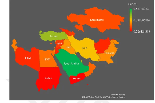 Figure 5.1: The Middle East and North Africa Map chart using TOPSIS  Based on the results from TOPSIS figure 5.1 was created, in this map chart, the  twenty-three countries of the MENA region are presented in different colors from the highest  rank (score 