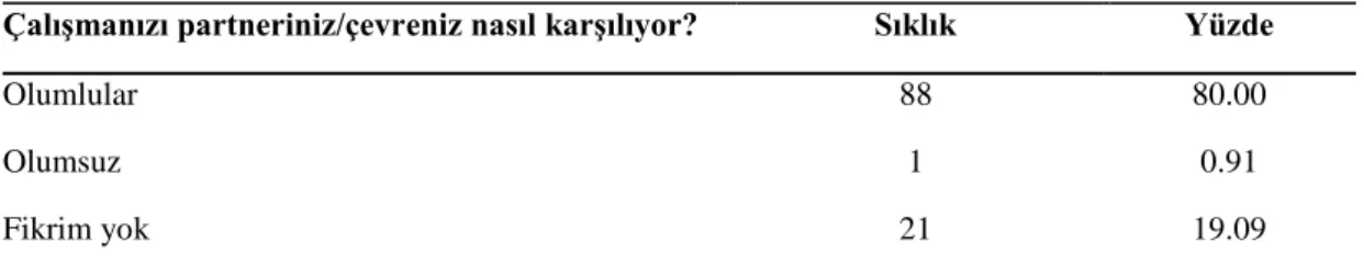 Çizelge  3.16:  Çalışan  kadınların  partnerleri  ve  çevrelerinin  bakış  açısına  göre 