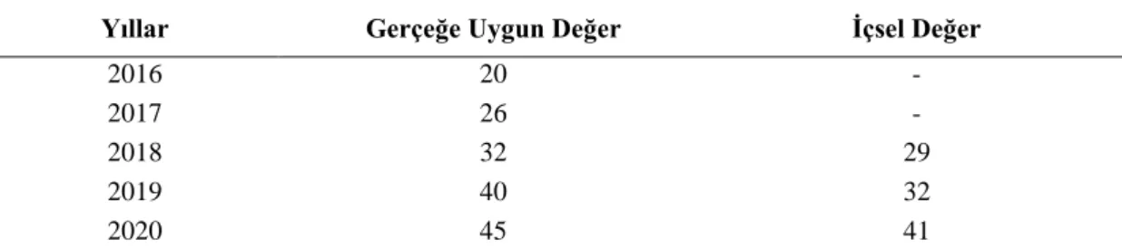 Çizelge 5.6:  XYZ A.Ş. Gerçeğe Uygun Değer ve İçsel Değer Tablosu 