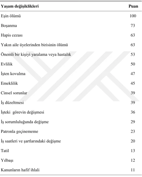 Tablo 5.1: Yaşam Değişiklikliğinin Stres Ağırlıkları 