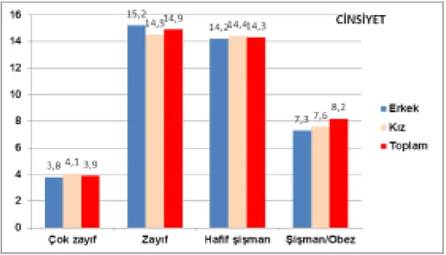 ġekil 2.4: Türkiyede Çocuklarda Çok Zayıf, Zayıf, Hafif Kilolu ve Obez olma  oranları, TOÇBİ, 2011 