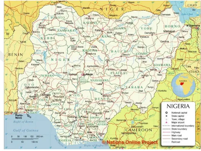 Figure 2.1, showing the map of 36 states in Nigeria and the boarder countries (image adapted 