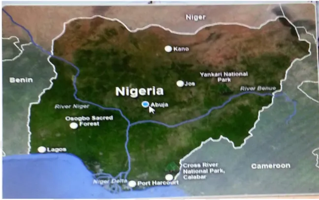 Figure 2.2, displaying the map on natural regions in Nigeria with river Benue and river Niger 