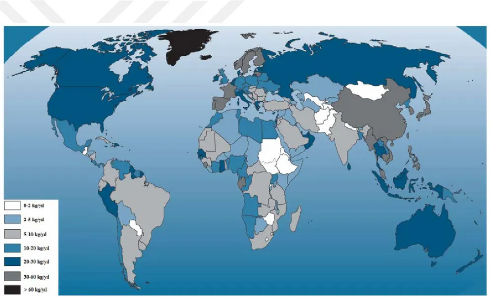 Şekil 2.2: Dünya’da kişi başına düşen du ürünleri tüketimi (FAO, 2014; Yılmaz, 2015) 