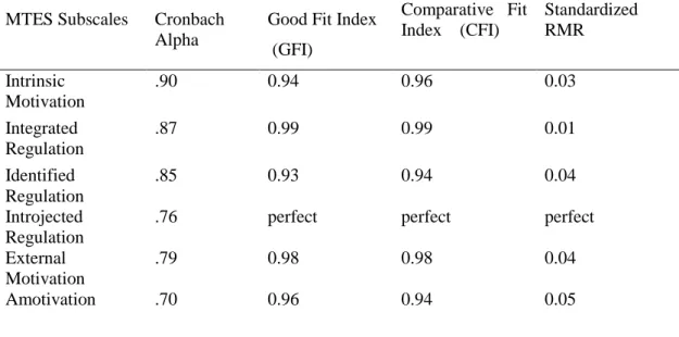 Table 3. CFA and Cronbach Alpha Results of MTES subscales 
