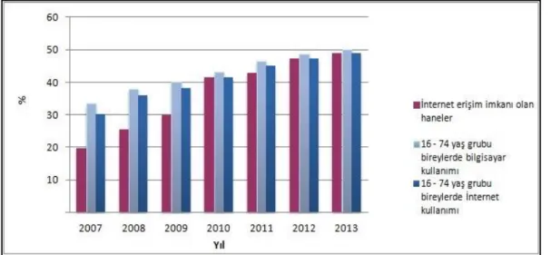 Şekil : 2.8 Yıllar bazında internet kullanımı temel göstergeler, 2007-2013  (Tüik 2013)  2.4.2.Türkiyede e-ticaret, e-açık arttırma kavram ve gelişim çeşitleri  