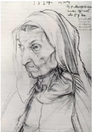 Şekil 2.8: Albert Dürer, “Yaşlı Annesi” kara kalem çalışması.  Kaynak: http://sanatcetveli.blogspot.com/2017/07/albrecht-durer-annesinin-portresi-1514.html 