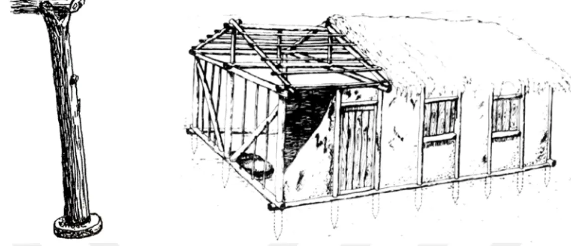 Şekil 4.9: (Sol) Çatının dengelenmesi için kullanılan destek direkleri (Tuna, 2009).  Şekil 4.10: (Sağ) İlk Tunç Çağı geçici İkiztepe evi Rekonstrüksiyonu (Yakar,Garzon, 