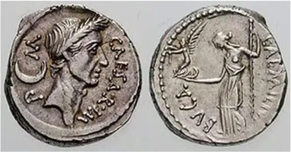 Şekil 3.2: Julius Caesar  M.Ö. 44. (3.95 gr). L. Aemilius Buca paraları. Solda Sezar’  ın, başı sağda; hilal /    arkasında, Venüs ayakta Zafer ve asa tutarken