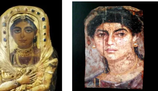 Şekil 3.4: A. Fayyum portre (solda) ve İsarus (detay) İ.S. 50-100 (sağda) “  “Fayyum  Porteleri”  deyiminin  kullanılma  nedeni  de  bugün  bilinen  portrelerin  büyük  bir  bölümünün  Mısır  bölgesinde  bulunmuş  olmasıdır