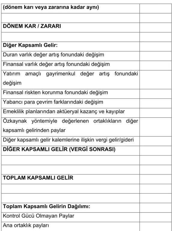 Tablo 6:  Kapsamlı Gelir Tablosu 