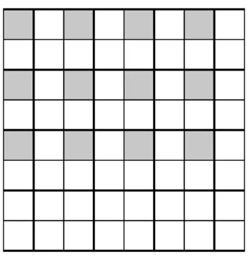 Figure 4: An 8x8 pixel size stego image where highlighted pixels in gray are the ones used for 2D LSBG  method with 1LSB /1G ratio