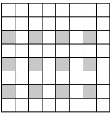 Figure 5:  An 8x8 pixel size stego image where highlighted pixels in gray are the ones used for 2D LSBG  method with 1LSB /1G ratio and shift property