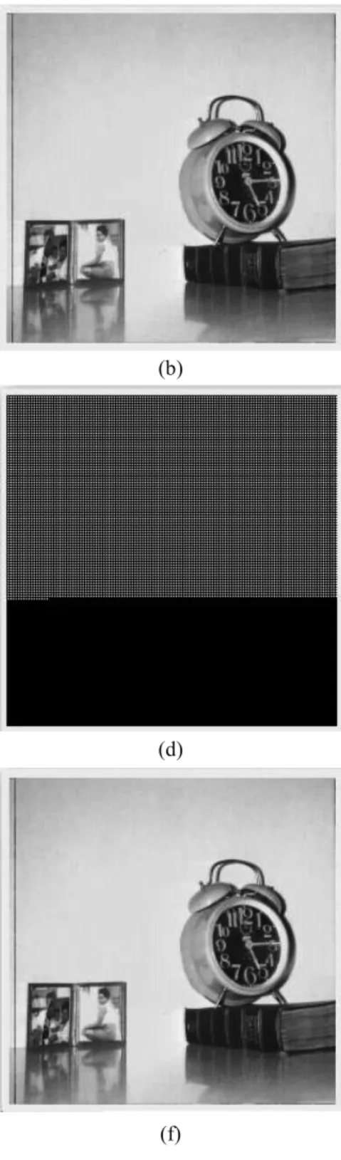 Figure 6: (a) Secret image; (b) cover image before embedding; (c) a demonstration figure of the selected pixels  for embedding in white for LSB method (d) a demonstration figure of the selected pixels for embedding in white for 