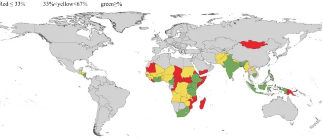 Figure 1-4 Map: Rise Electricity Access Scores By Country, 2017[13]  Red ≤ 33%            33%&lt;yellow&lt;67%         green≥%