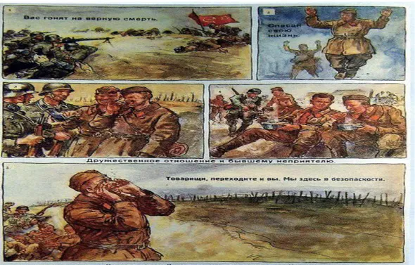 ġekil 3.3: Rus Askerlerini Teslim Olmaya Çağıran Rus Askeri Propaganda Afişi  Kaynak: (https://topwar.ru/30938-nemeckaya-socialnaya-reklama.html, 2018)  Afişte sırayla şöyle yazmaktadır: 