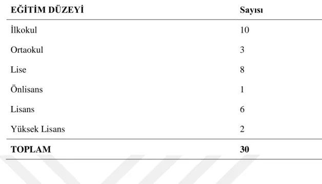 Çizelge 3.4  incelendiğinde, görüşme yapılan katılımcılardan; 10 tanesinin İlkokul, 3  tanesinin  Ortaokul,  8  tanesinin  Lise,  1  tanesinin  Önlisans,  6  tanesinin  Lisans  ve  2  tanesinin  Yüksek  Lisans  mezunu  oldukları  görülmektedir