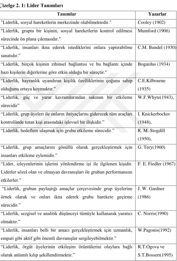 Çizelge 2. 1: Lider Tanımları 